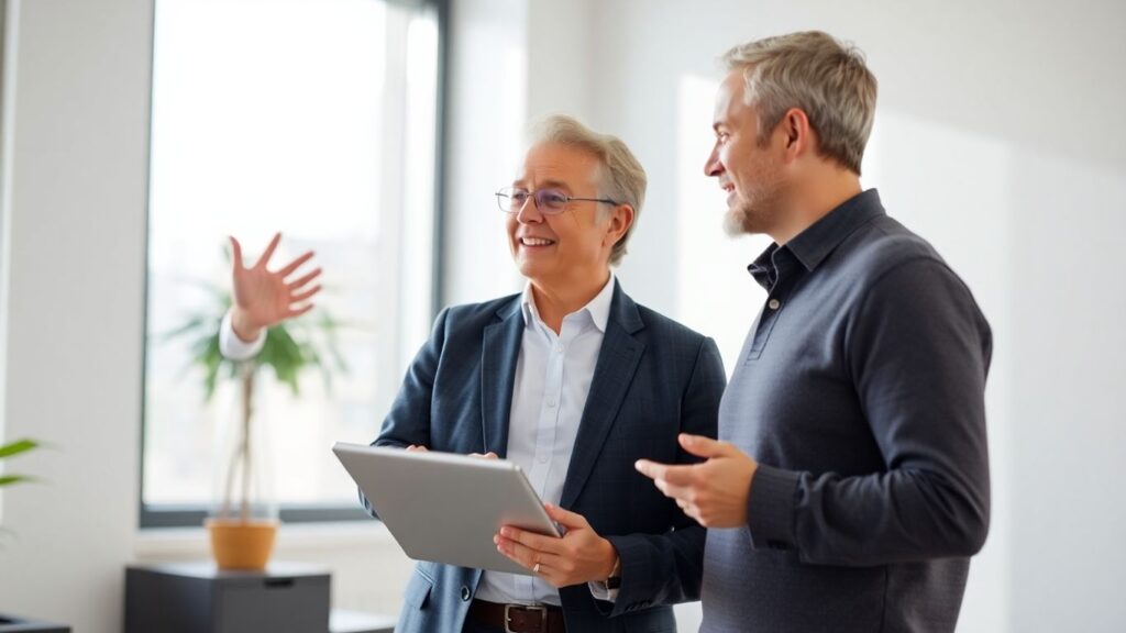 Versicherungsberater und Kunde im Gespräch im Büro.