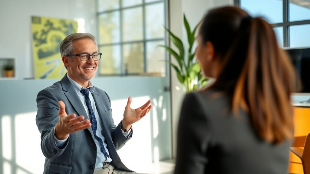 Versicherungsberater und Kunde im Gespräch im Büro.