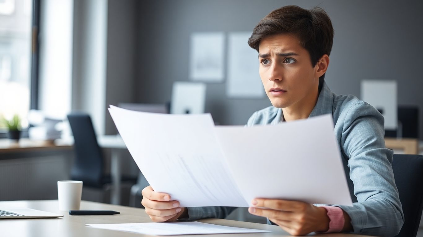 Mann sitzt am Schreibtisch und hält ein Dokument.