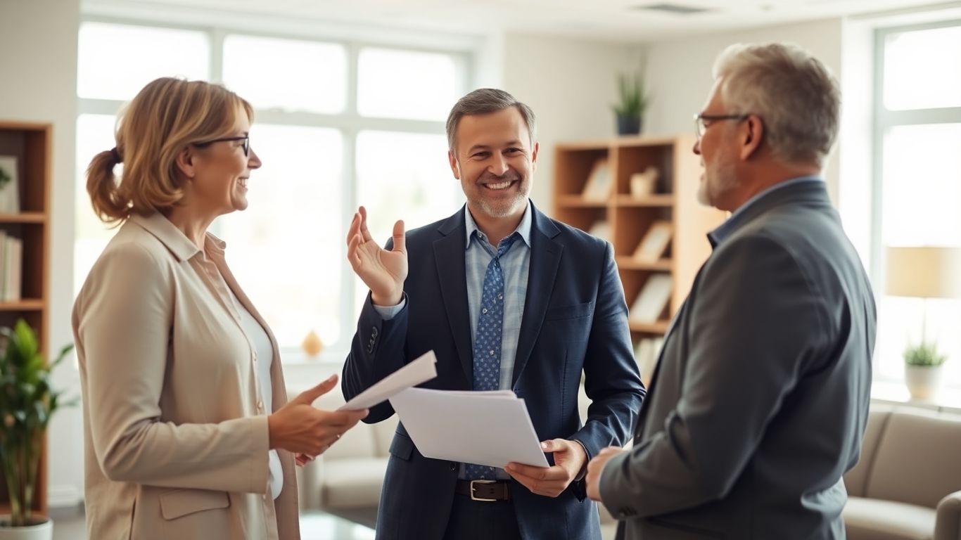 Versicherungsberater und Kunde im Gespräch im Büro.