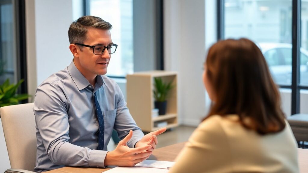 Versicherungsberater und Kunde im Gespräch im Büro