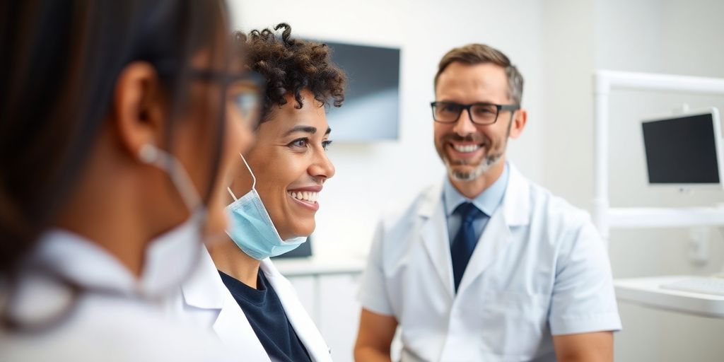 Zahnarzt lächelt in heller Praxis.