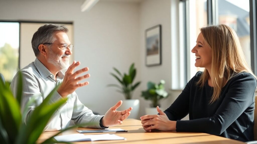 Versicherungsberater und Kunde im Gespräch im Büro.
