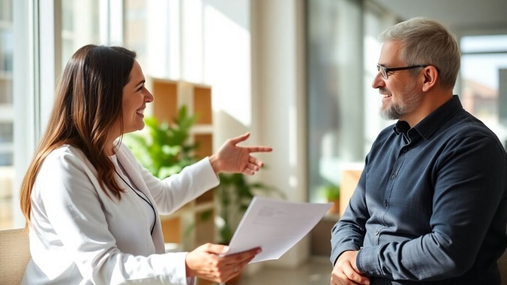 Versicherungsberater und Kunde im Gespräch im Büro