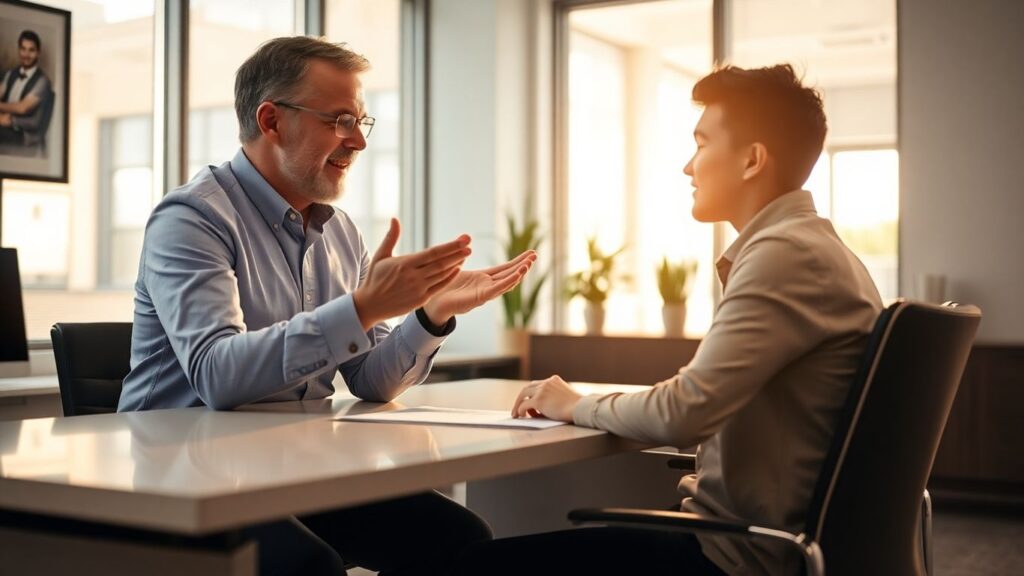 Student spricht mit Versicherungsberater im Büro