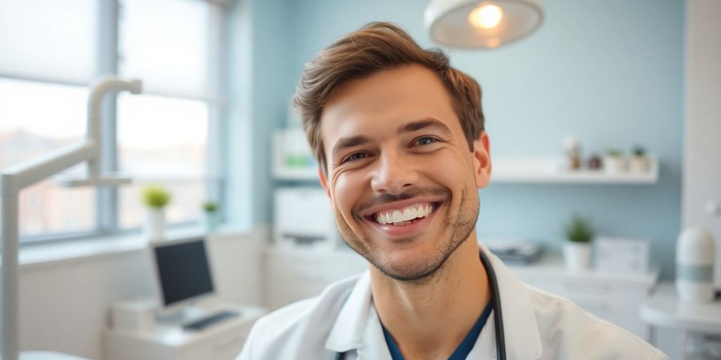 Zahnersatz und Lächeln in heller Zahnarztpraxis