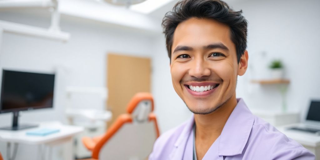 Lächelnder Zahnarzt in heller Praxis
