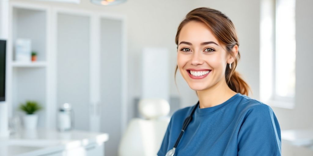 Zahnarzt lächelt in heller, moderner Praxis.