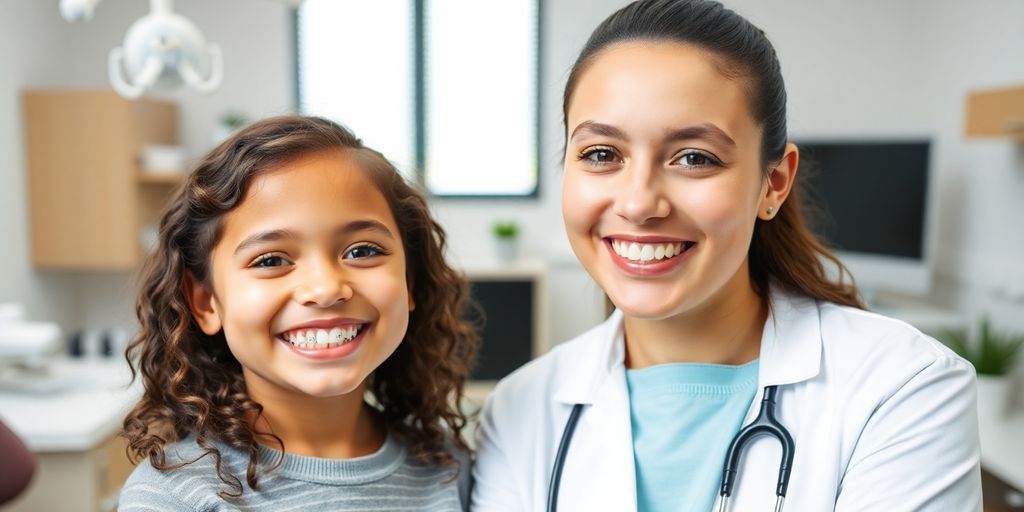 Kind und Zahnarzt lächeln nach kieferorthopädischer Behandlung.