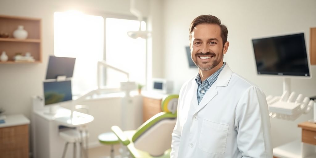 Zahnarzt lächelt in heller moderner Praxis.