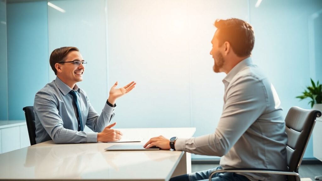 Versicherungsberater und Kunde im Gespräch im Büro.