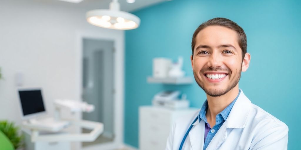 Zahnarzt lächelt in heller Praxis