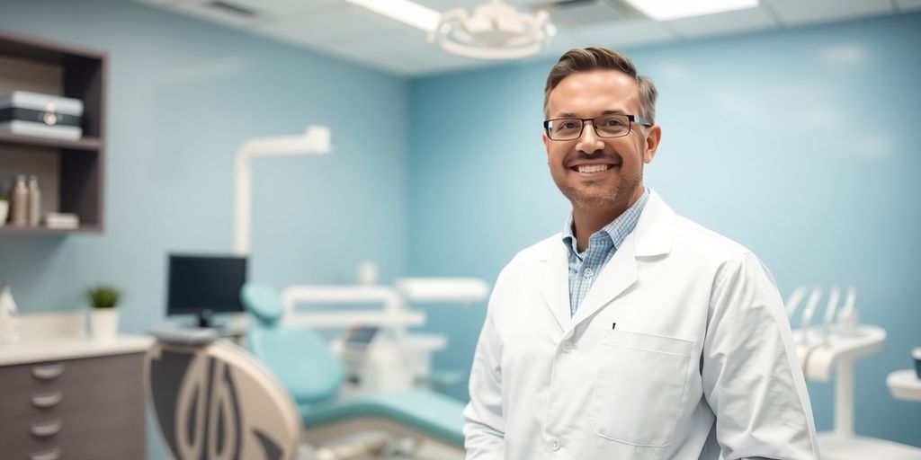 Ein Zahnarzt lächelt in einer modernen Praxis.