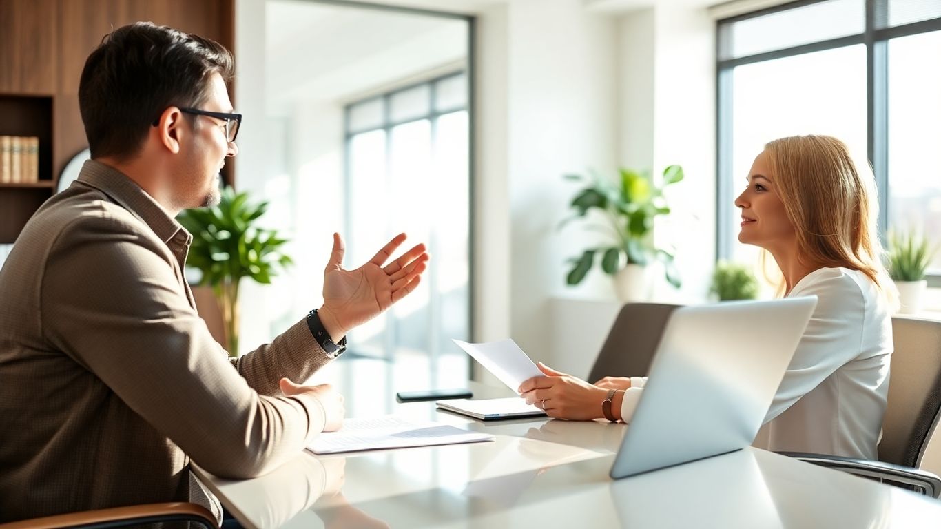Versicherungsberater und Kunde im Gespräch im Büro