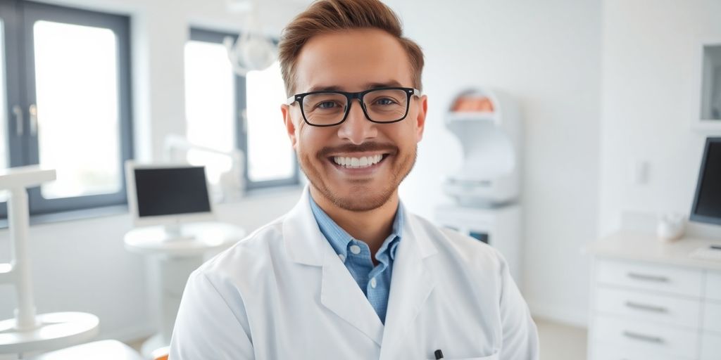 Lächelnder Zahnarzt in heller Praxis