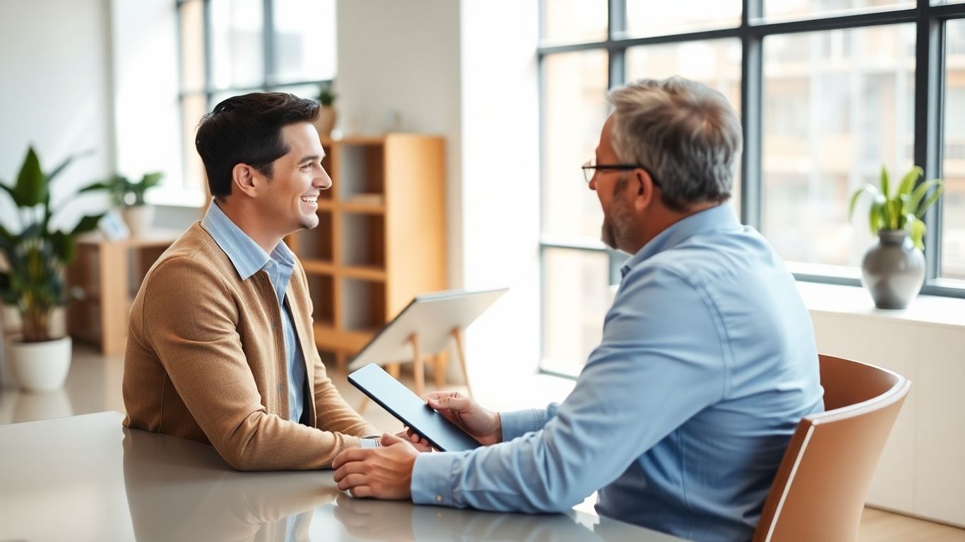 Versicherungsberater und Kunde im Gespräch im Büro