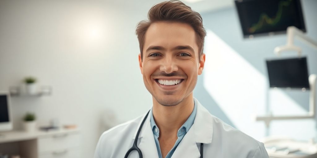 Zahnarzt lächelt in moderner Praxis.