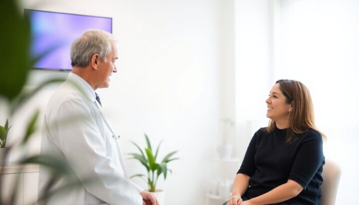 Doctor and patient talking in a bright medical practice.