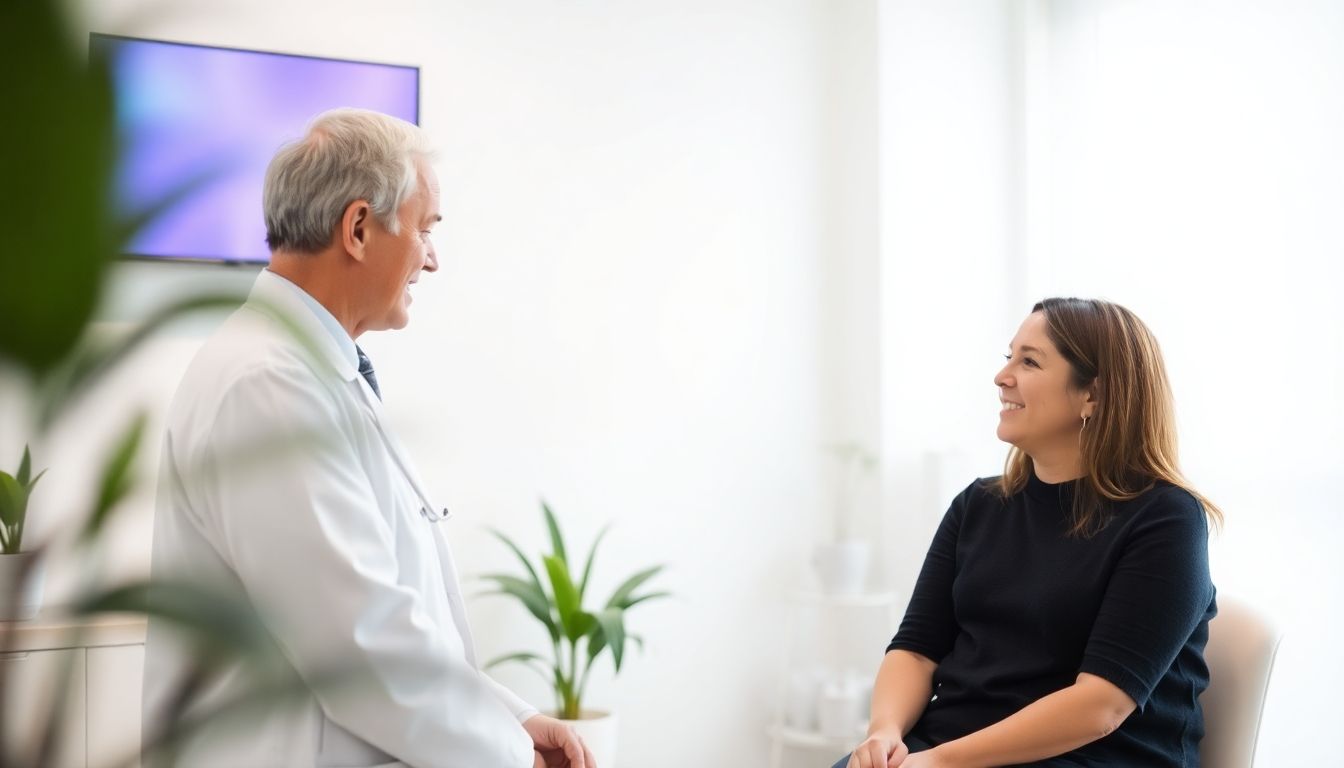 Doctor and patient talking in a bright medical practice.