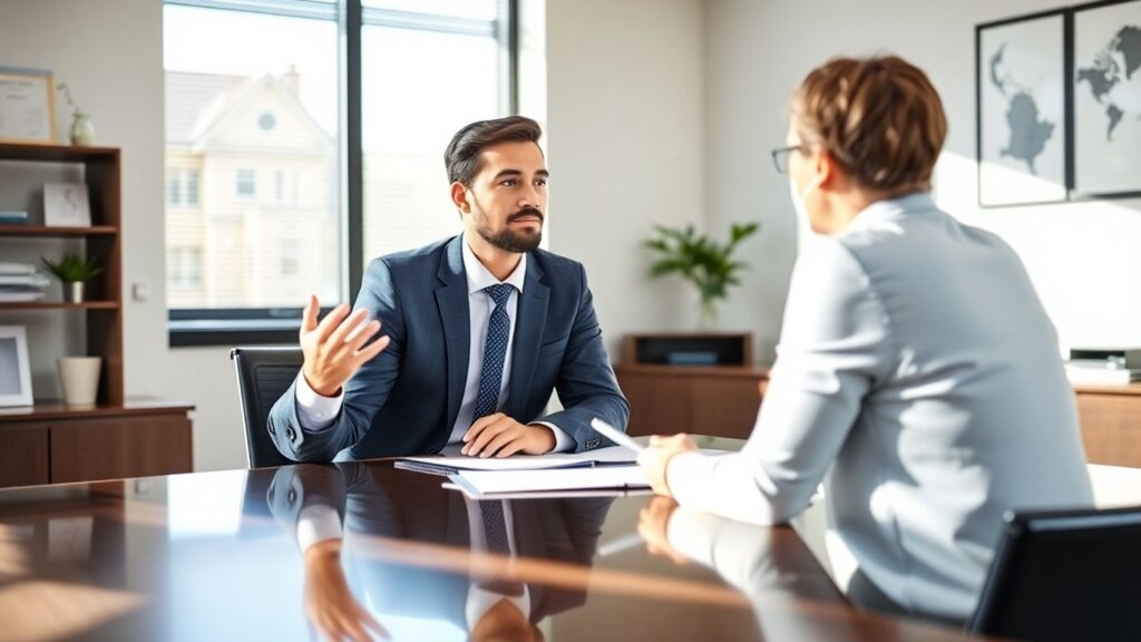 Versicherungsberater und Kunde im Gespräch im Büro.