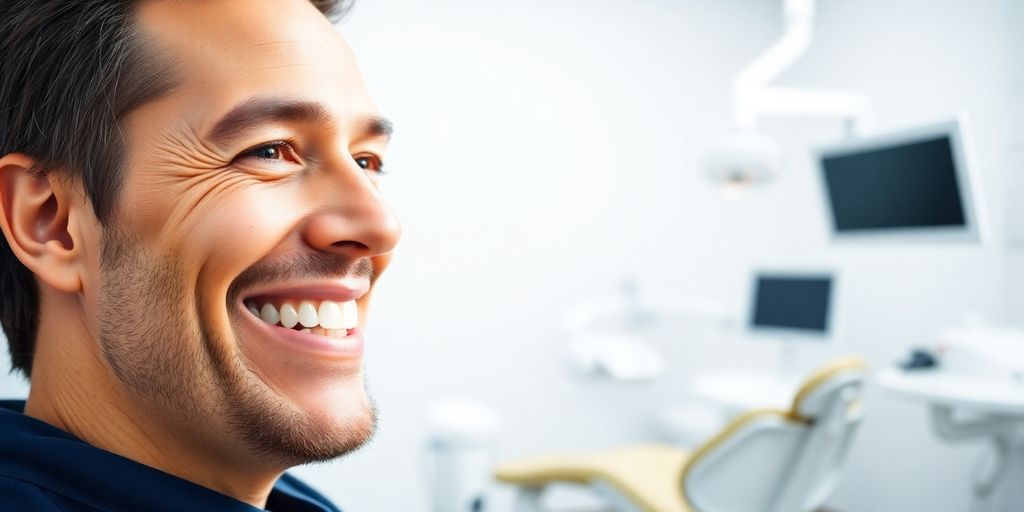 Zahnarzt lächelt in heller, moderner Praxis.