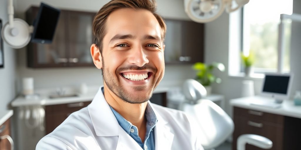 Zahnarzt lächelt in heller Praxis