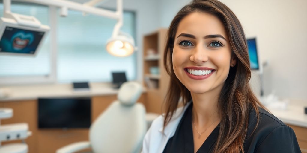 Zahnarzt lächelt in heller Praxis