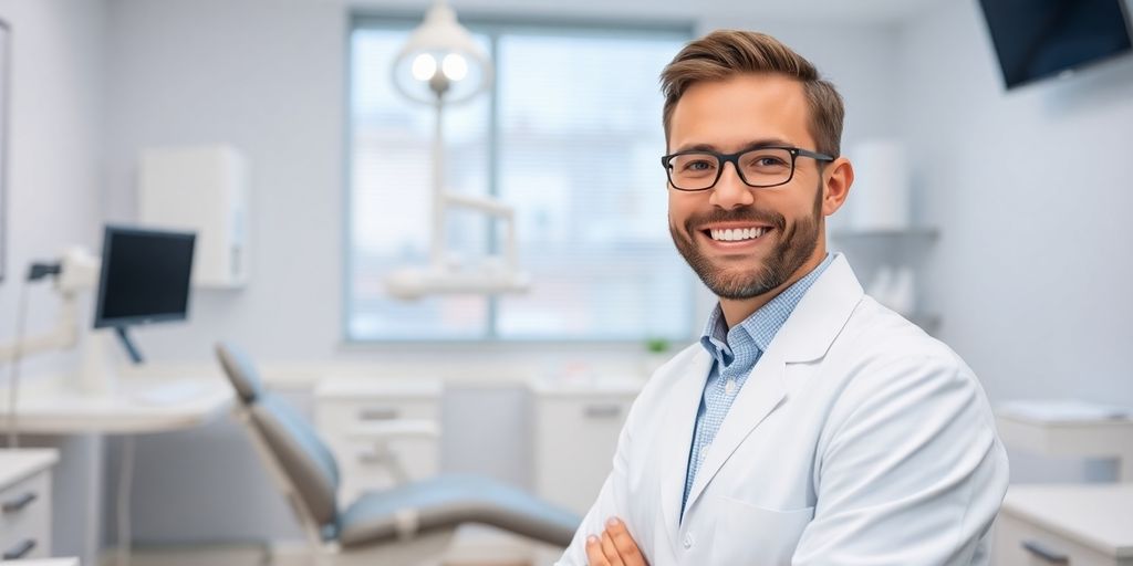 Zahnarzt lächelt in heller Praxis