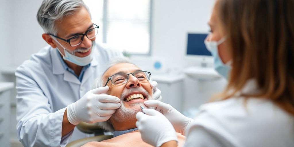 Zahnarzt lächelt in heller moderner Praxis.