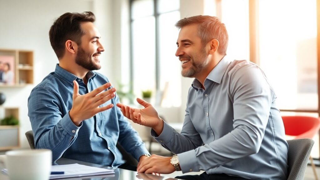 Versicherungsberater und Kunde im Gespräch im Büro.
