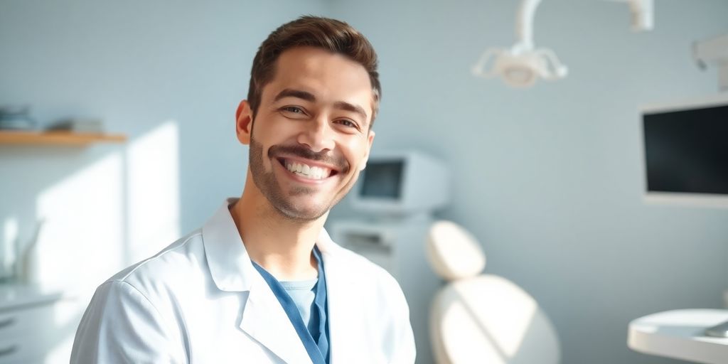 Zahnarzt lächelt in heller Praxis.