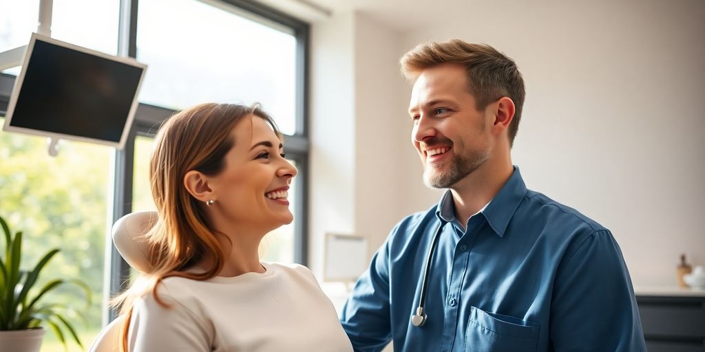 Zwei lächelnde Menschen in einer modernen Zahnarztpraxis.