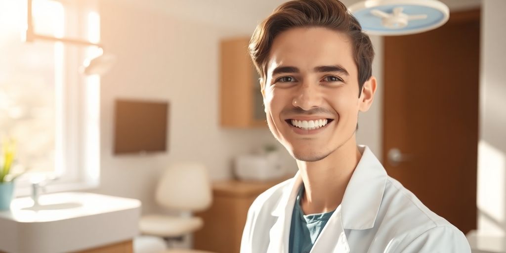 Zahnarzt lächelt in heller Praxis