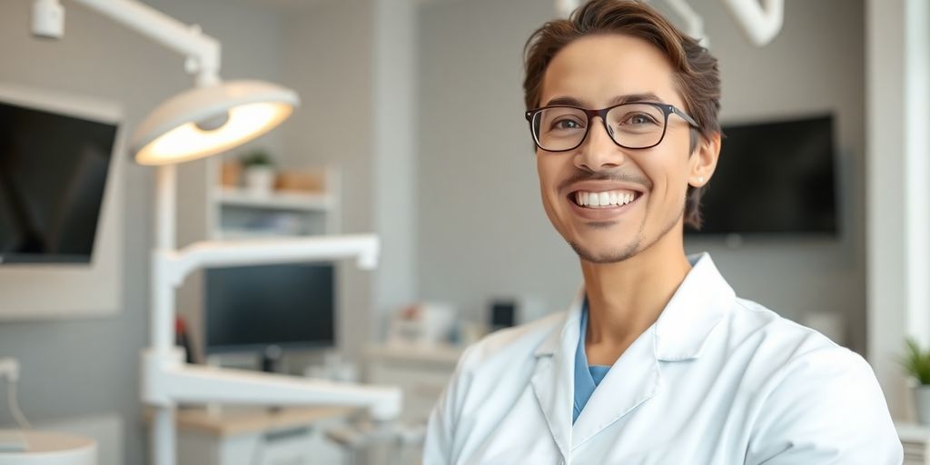 Zahnarzt lächelt in heller Praxis