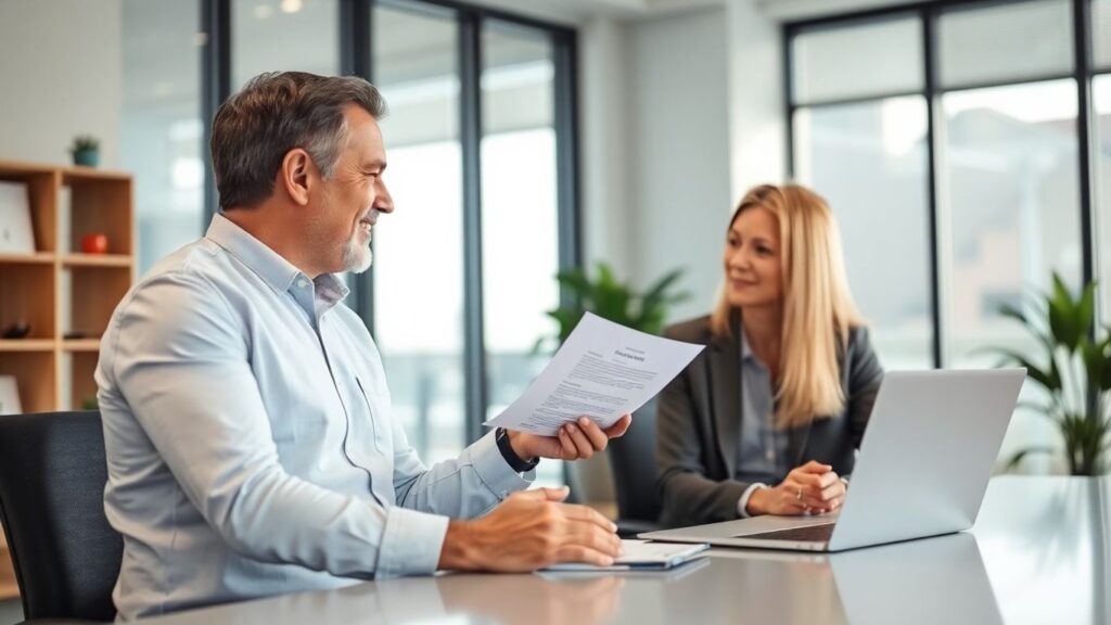 Versicherungsberater und Kunde im Gespräch im Büro