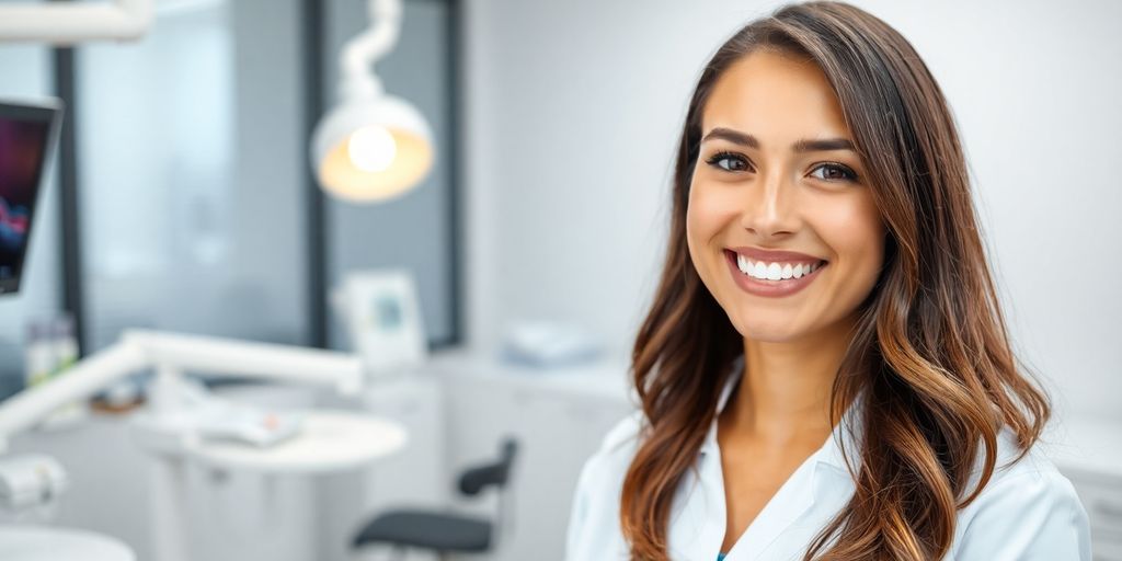 Zahnarzt lächelt in heller Praxis