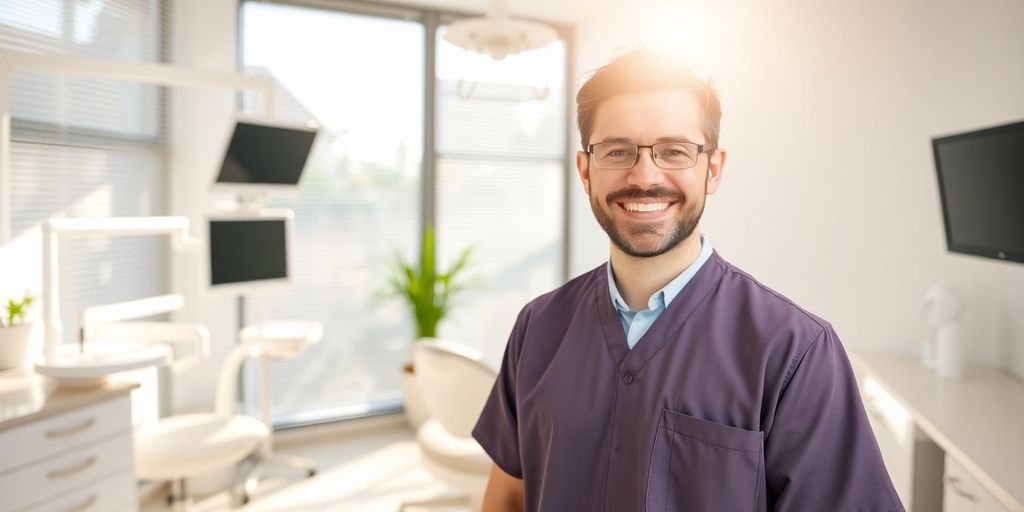 Zahnarzt lächelt in heller Praxis