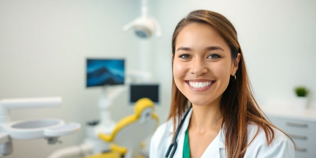 Zahnarzt lächelt in heller, moderner Praxis.