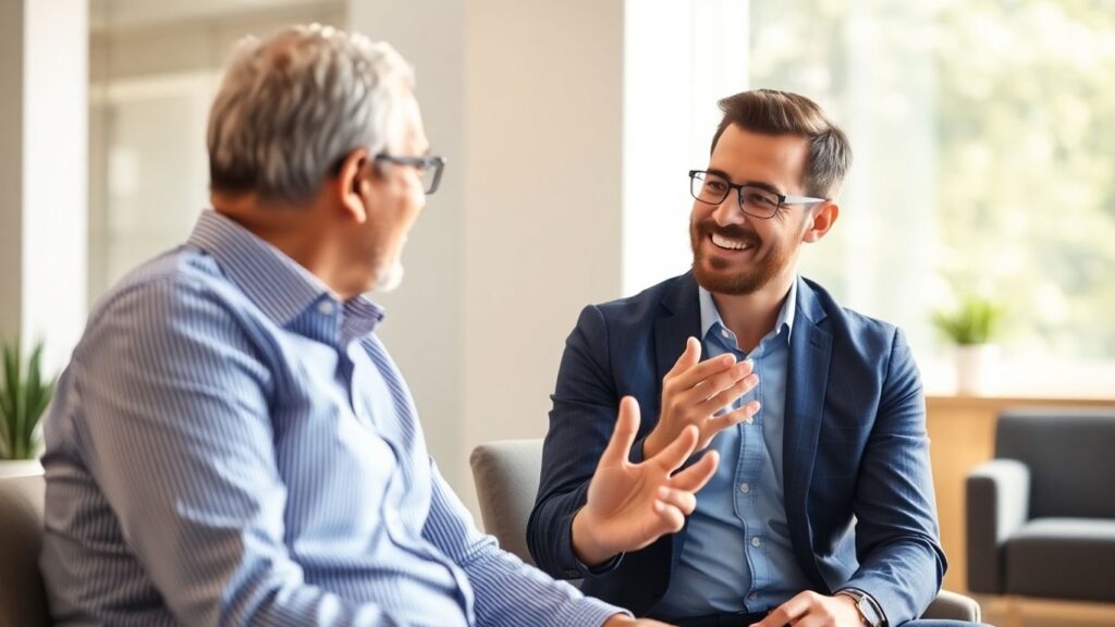 Versicherungsberater und Kunde im Gespräch im Büro