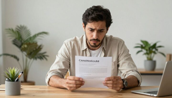 Man receives a cancellation letter, looking worried.
