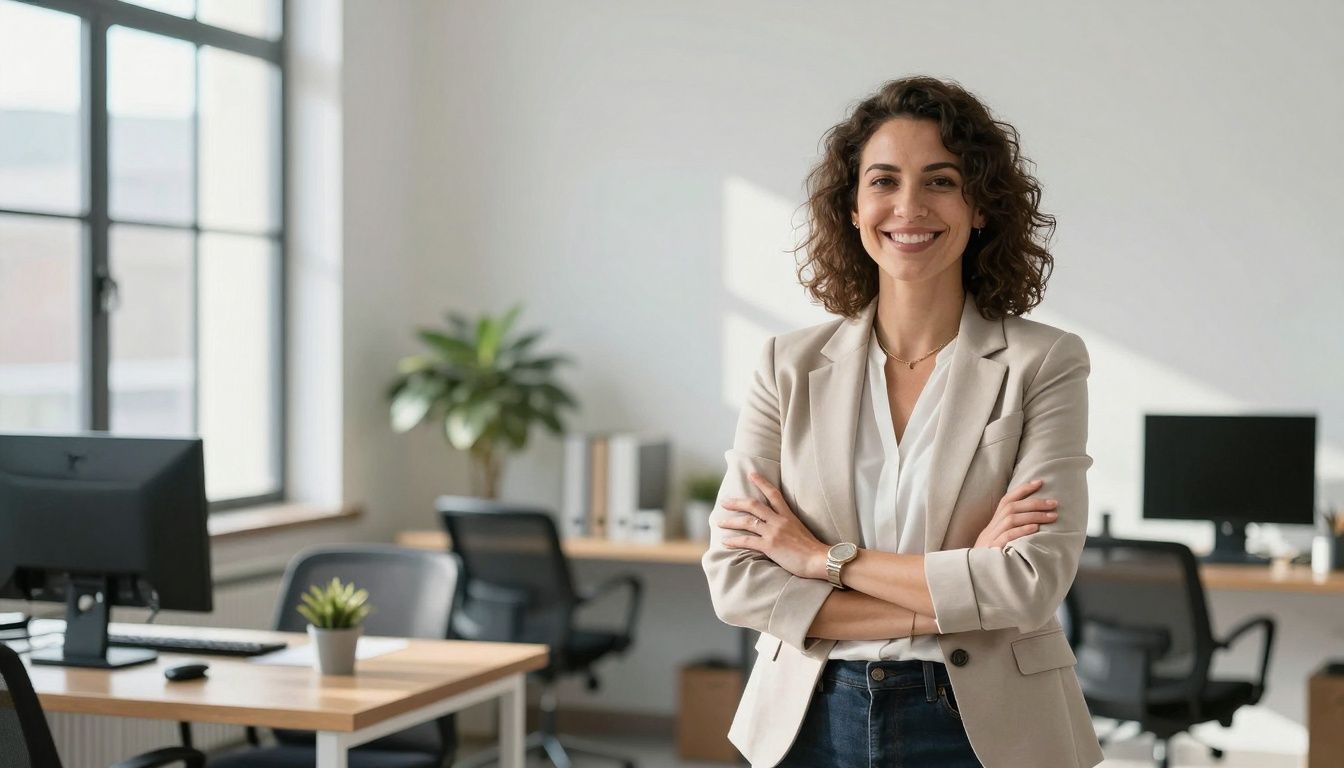 Smiling consumer advocate in a bright, modern office.