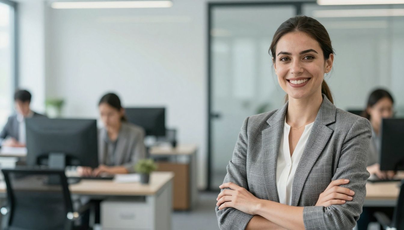 Consumer advocate smiling in a bright, modern office setting.