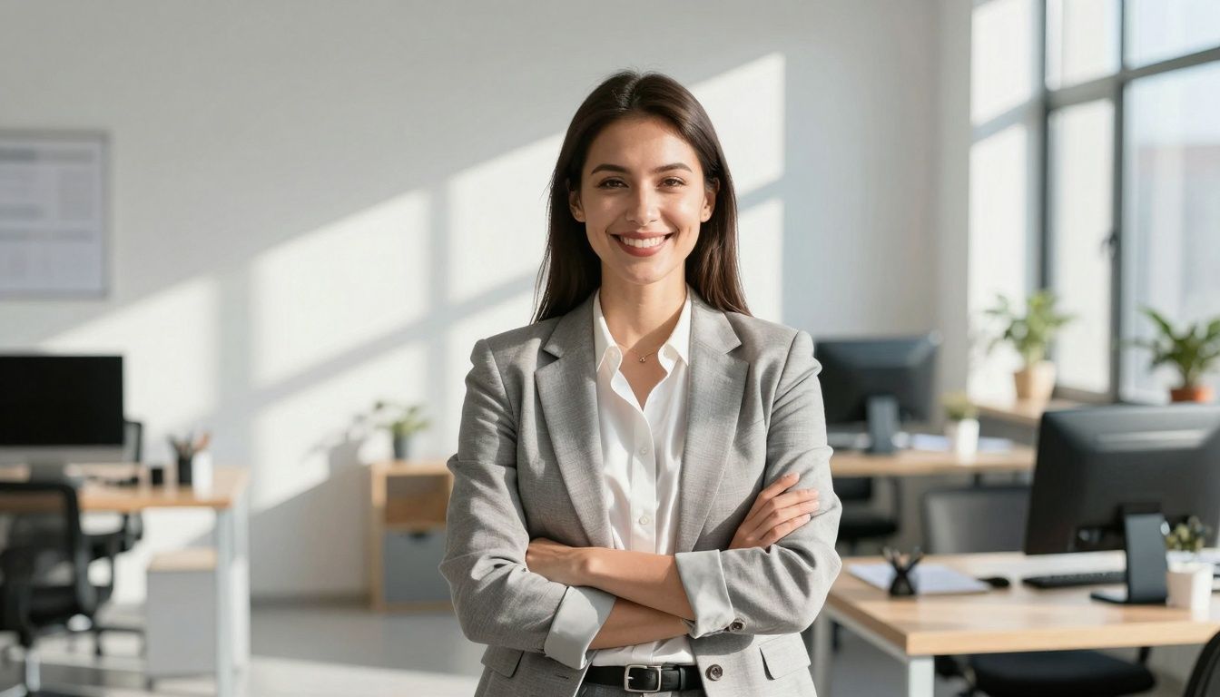 Consumer advocate smiles in a bright, modern office.