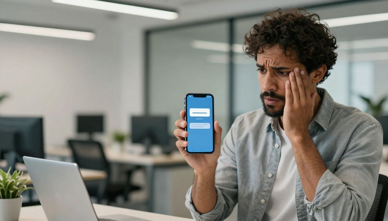 Man in office holding smartphone, concerned about digital threat.
