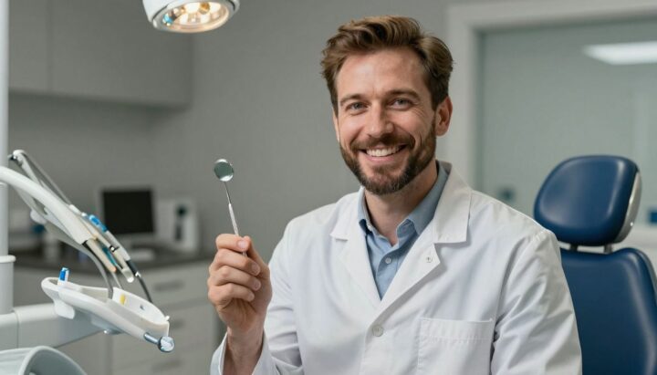 Friendly dentist smiling, holding dental mirror and toothbrush.