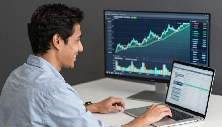 Man optimizing investments on a laptop with financial charts.
