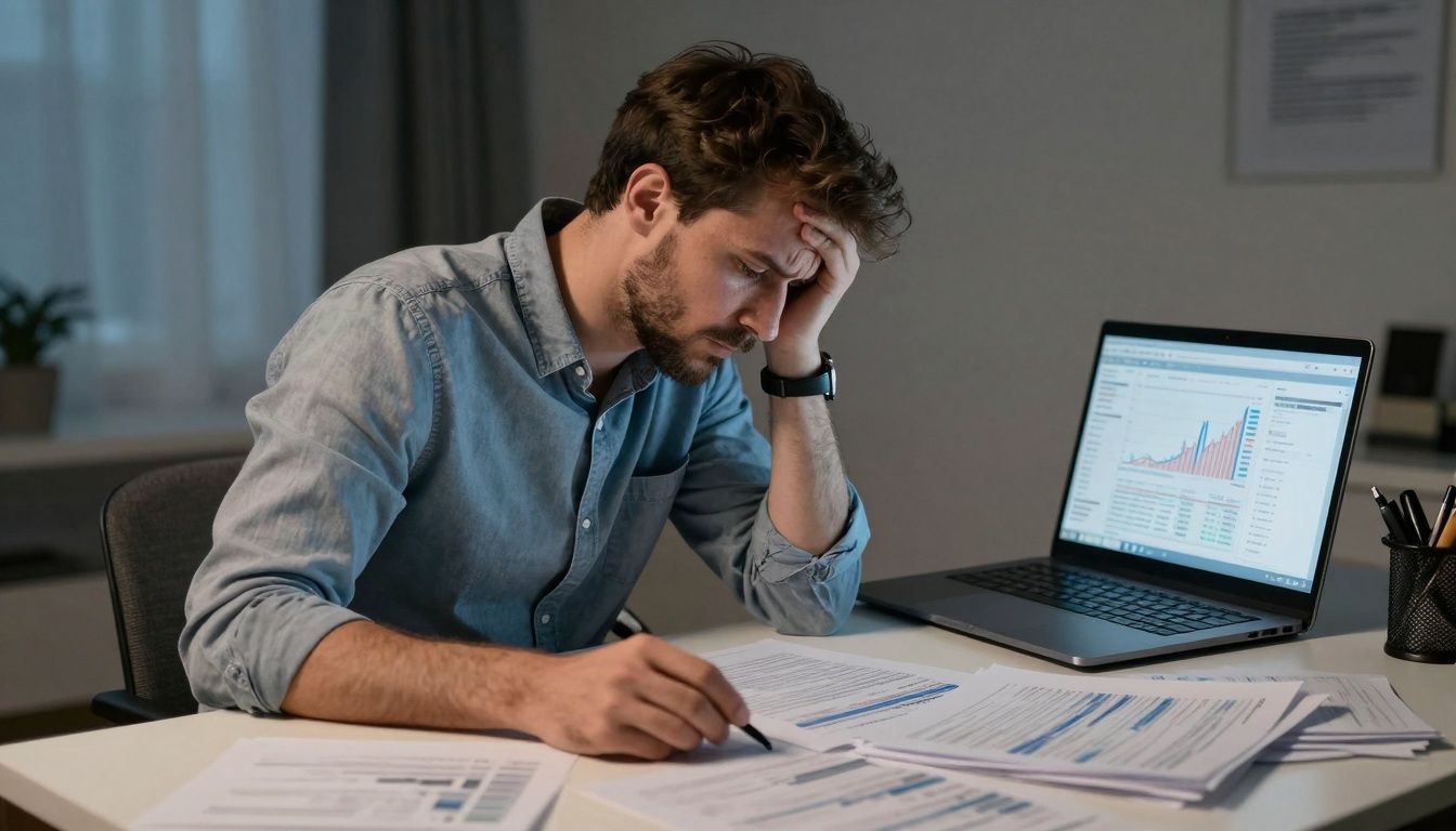 Man worried about rising health insurance costs on his computer.