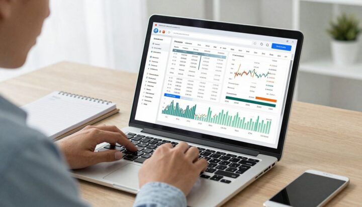 Person managing investment portfolio on laptop in bright room.