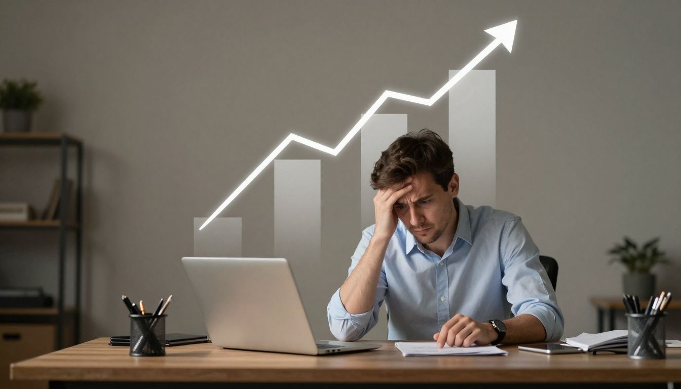 Man with laptop sees rising health insurance costs.