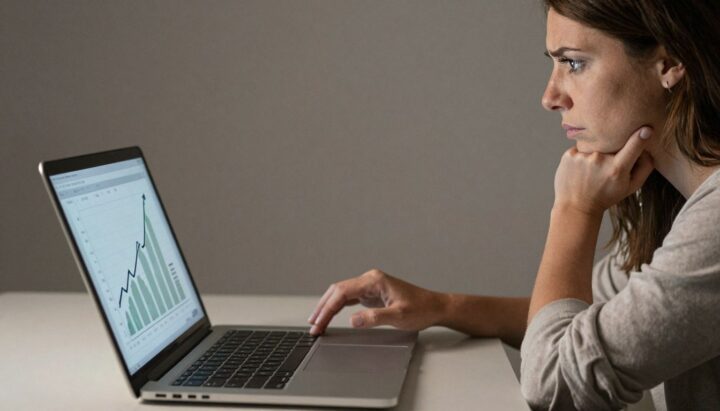 Woman looking at rising costs on a laptop screen.